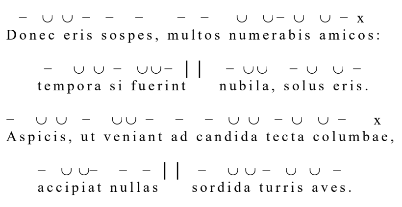 Lateinischer Vers mit metrischen Längen- und Kürzezeichen über den Wörtern, zwei Strophen auf weißem Hintergrund.